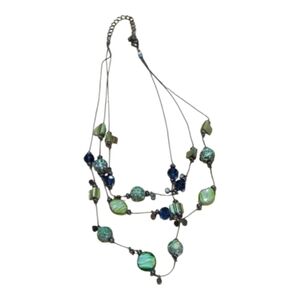 Triple Strand Blue And Green Bead Necklace